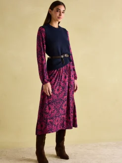 Nia Red & Navy Long Sleeve Midaxi Dress