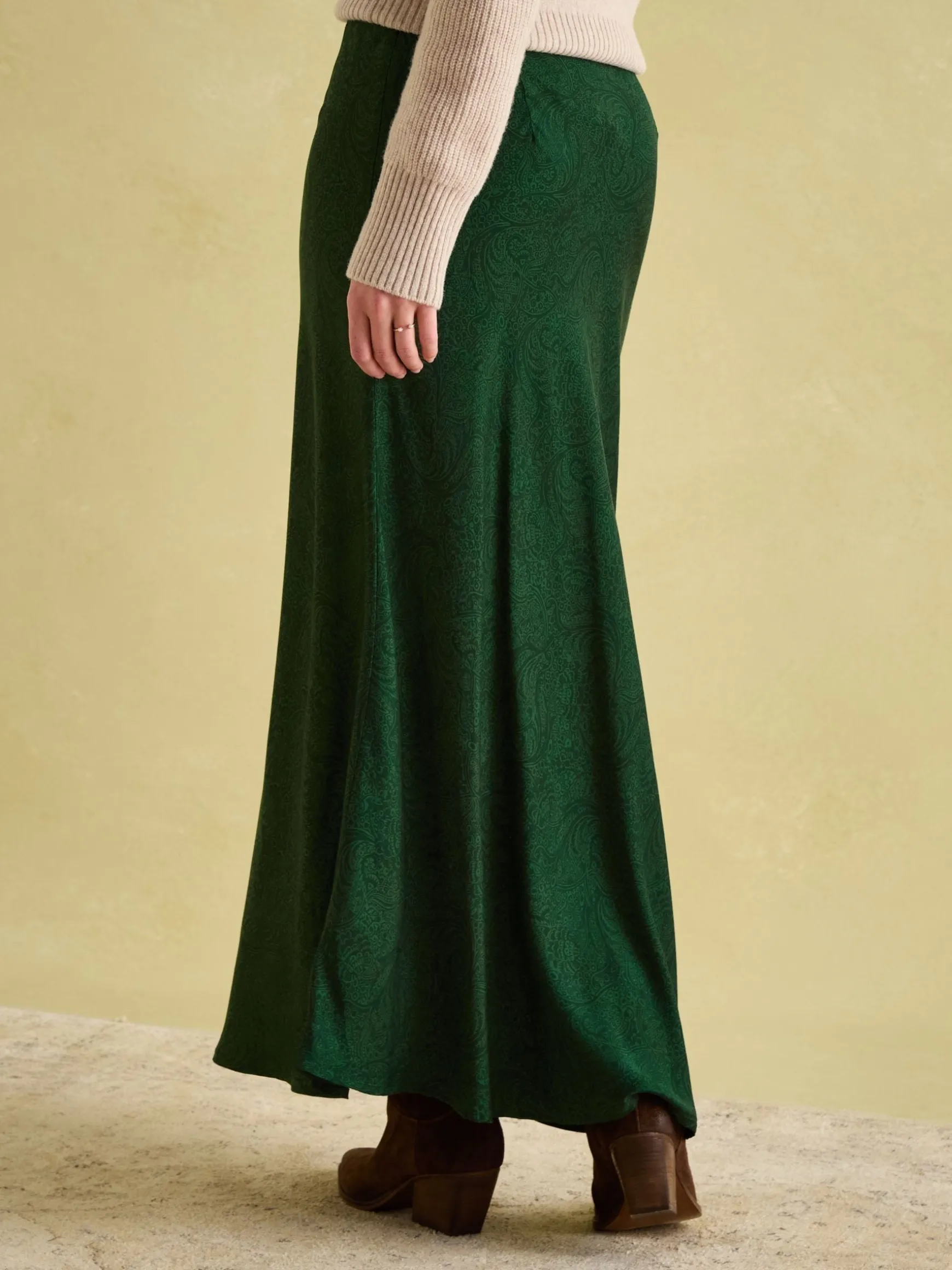 Penelope Green Paisley Satin Midi Skirt
