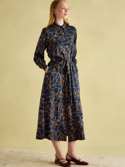 Penelope Navy Bridle Print Satin Shirt Dress