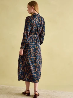 Penelope Navy Bridle Print Satin Shirt Dress