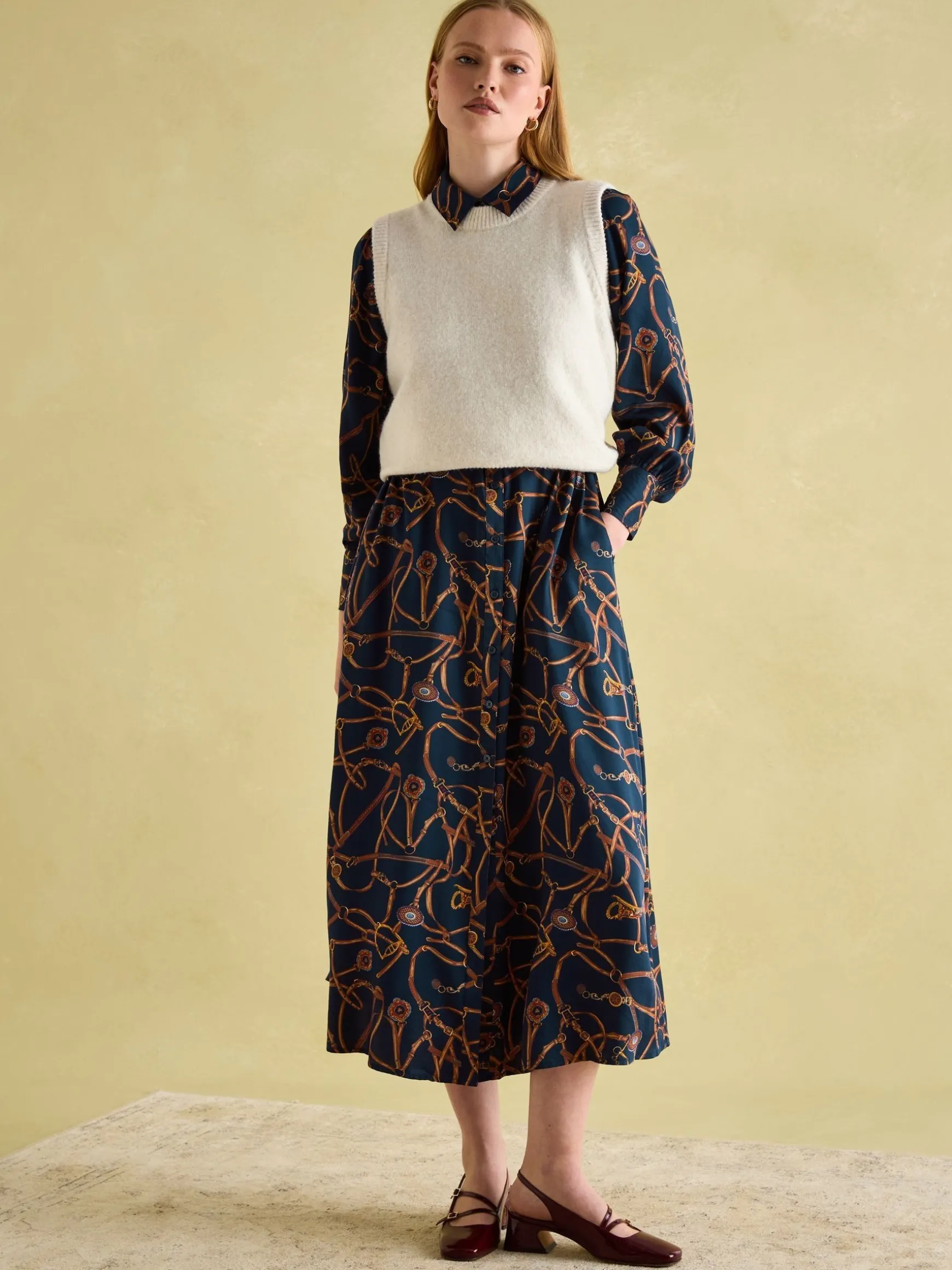 Penelope Navy Bridle Print Satin Shirt Dress