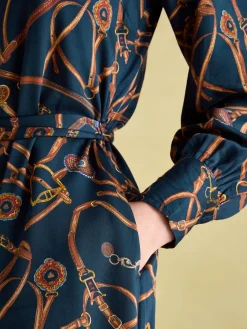 Penelope Navy Bridle Print Satin Shirt Dress