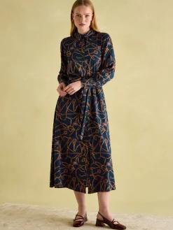 Penelope Navy Bridle Print Satin Shirt Dress