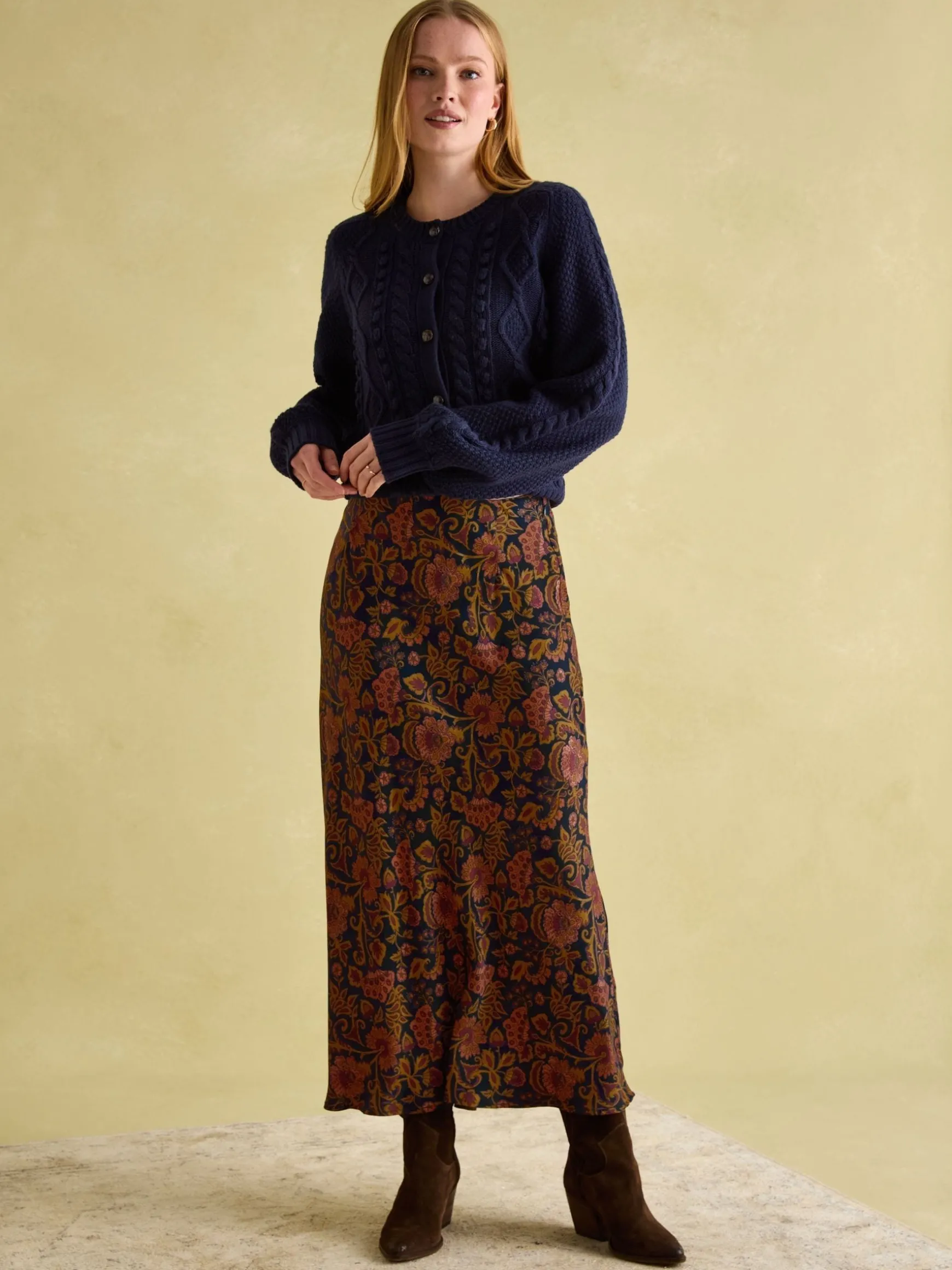 Penelope Navy Floral Satin Midi Skirt