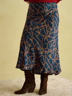 Penelope Navy Satin Midi Skirt