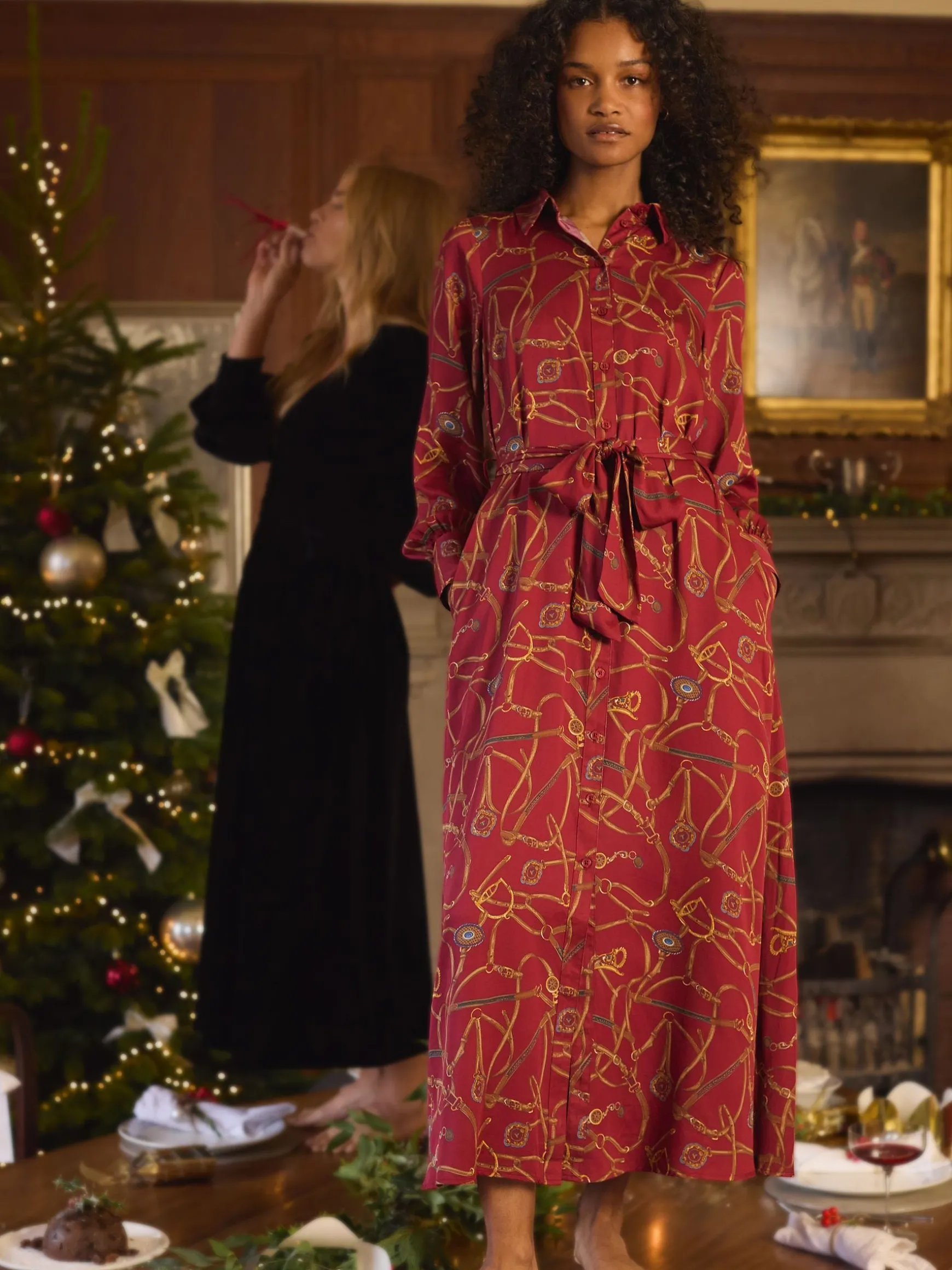 Penelope Red Bridle Print Satin Shirt Dress