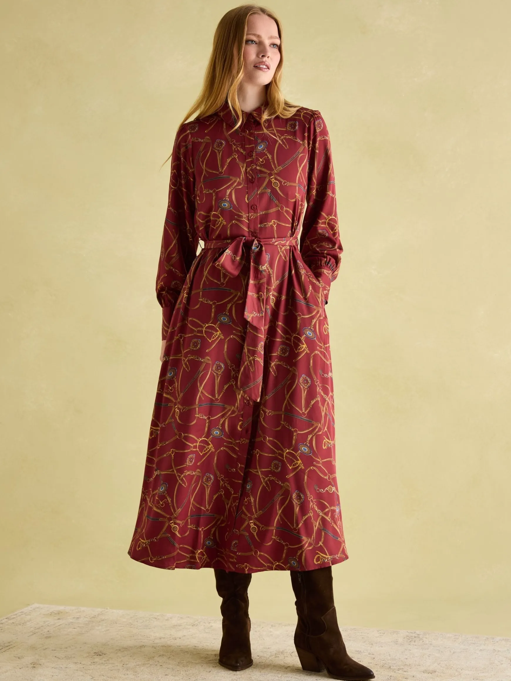 Penelope Red Bridle Print Satin Shirt Dress