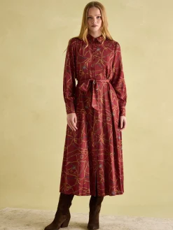 Penelope Red Bridle Print Satin Shirt Dress