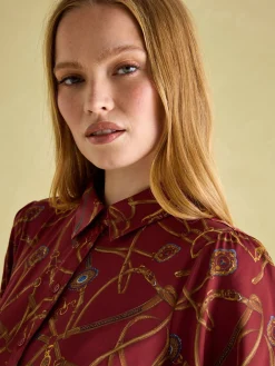 Penelope Red Bridle Print Satin Shirt Dress