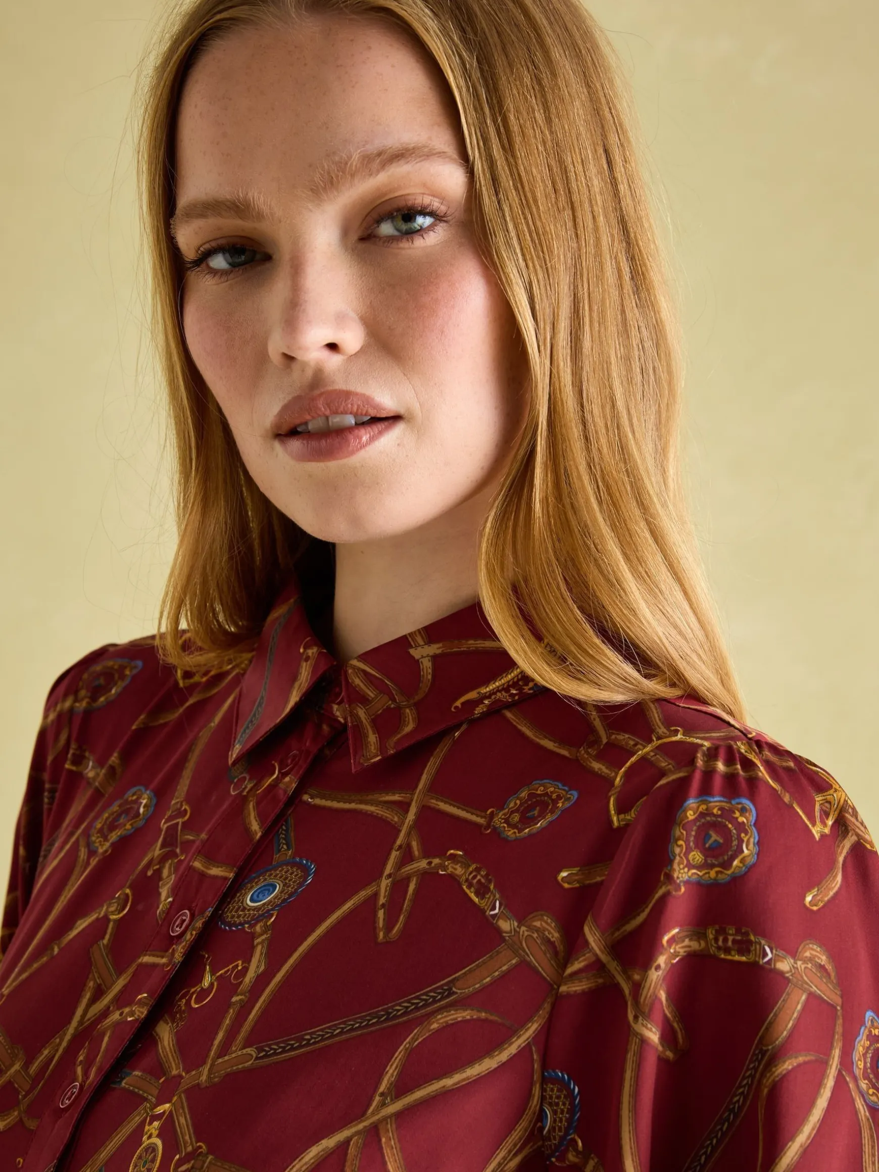 Penelope Red Bridle Print Satin Shirt Dress