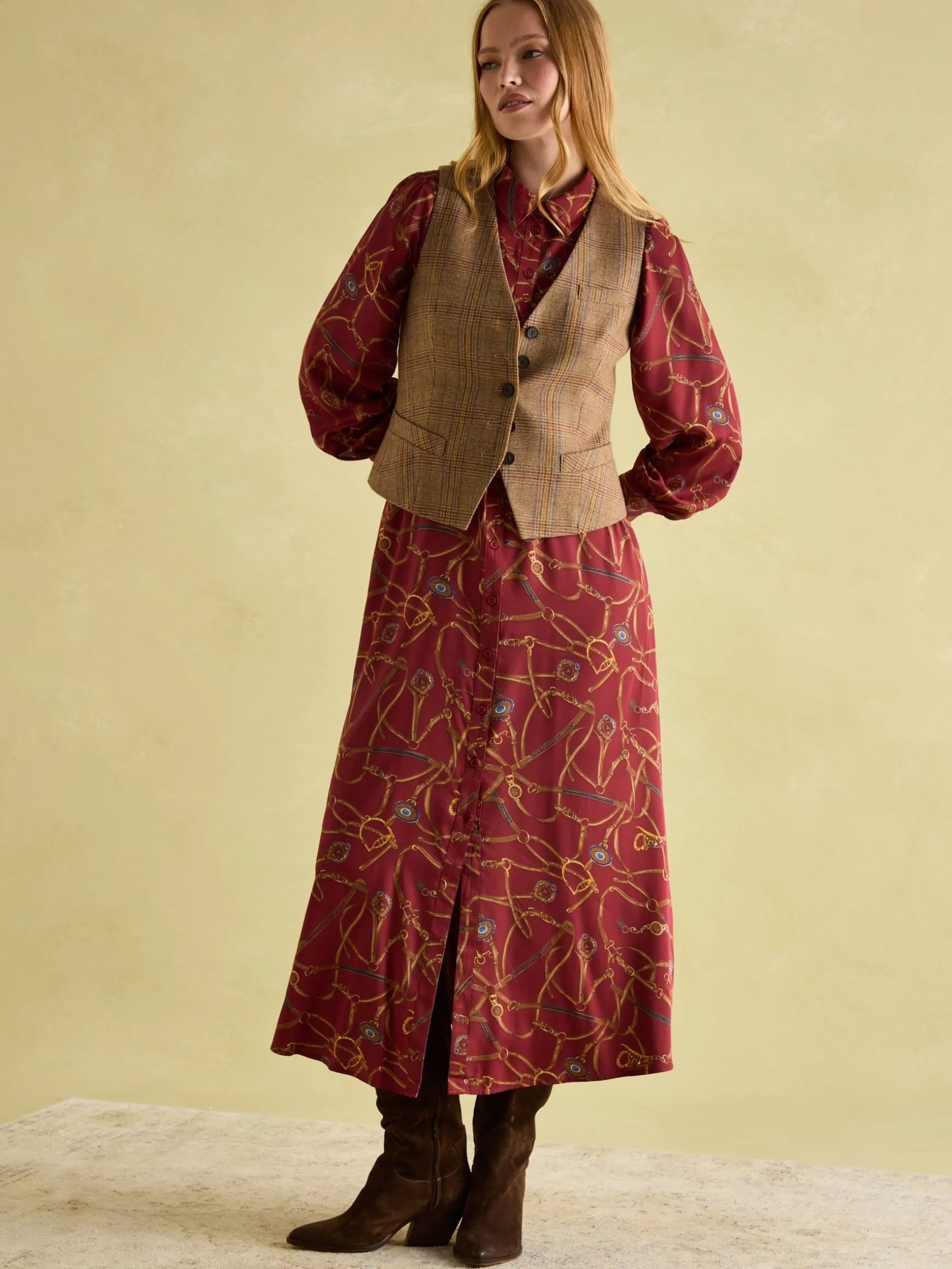 Penelope Red Bridle Print Satin Shirt Dress