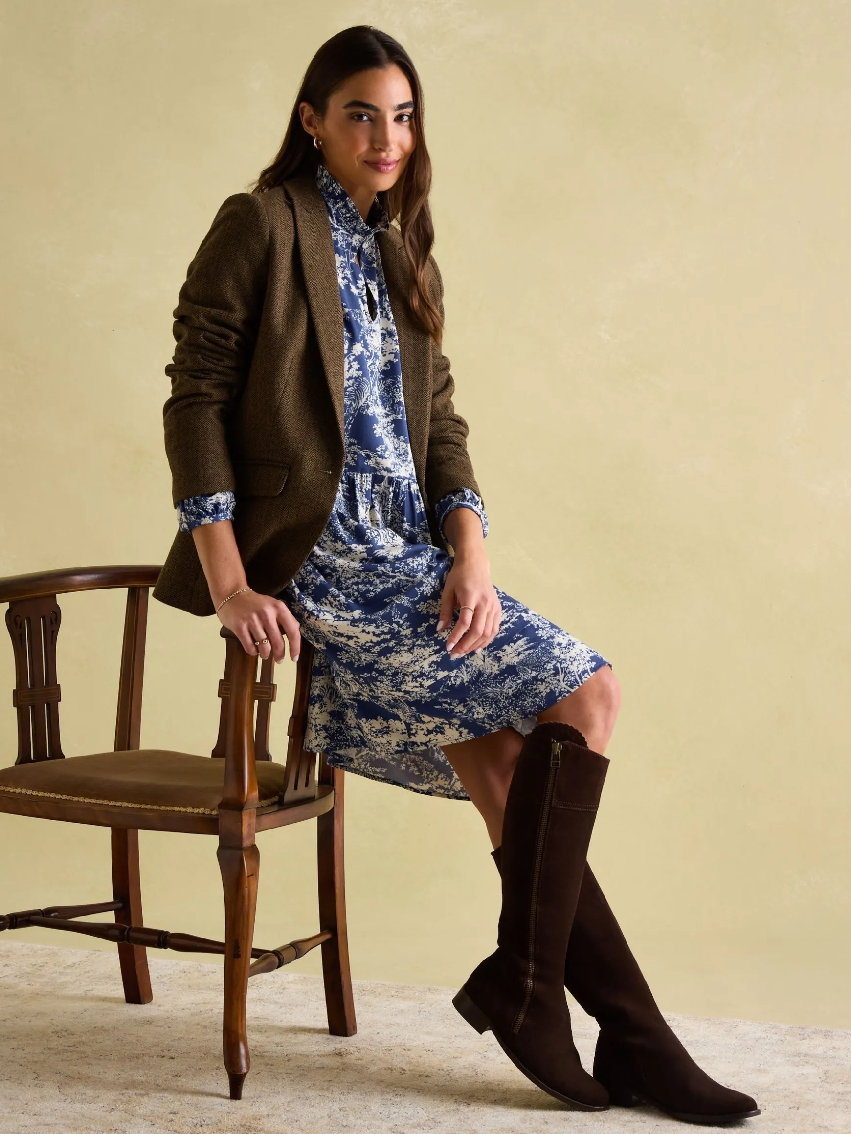 Petunia Blue/Neutral Frill Neck Dress