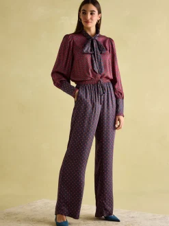 Red & Navy Satin Wide Leg Trousers