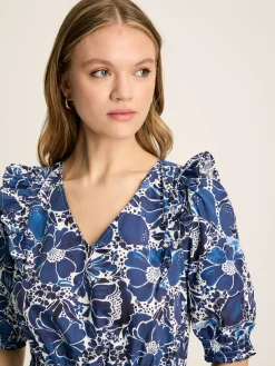 Rosalie Blue & White V-Neck Frill Dress