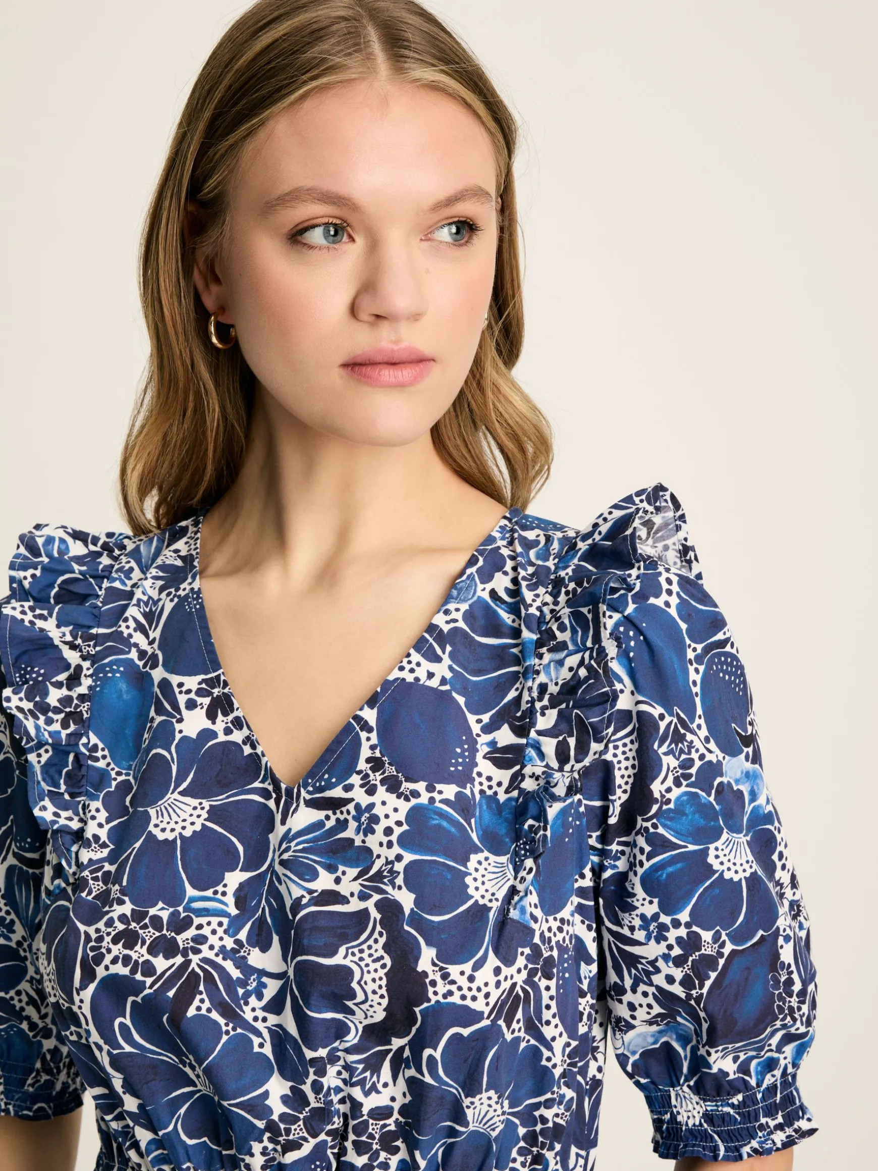 Rosalie Blue & White V-Neck Frill Dress