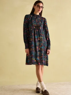 Rosette Black Printed Dress with Pie Crust Neck