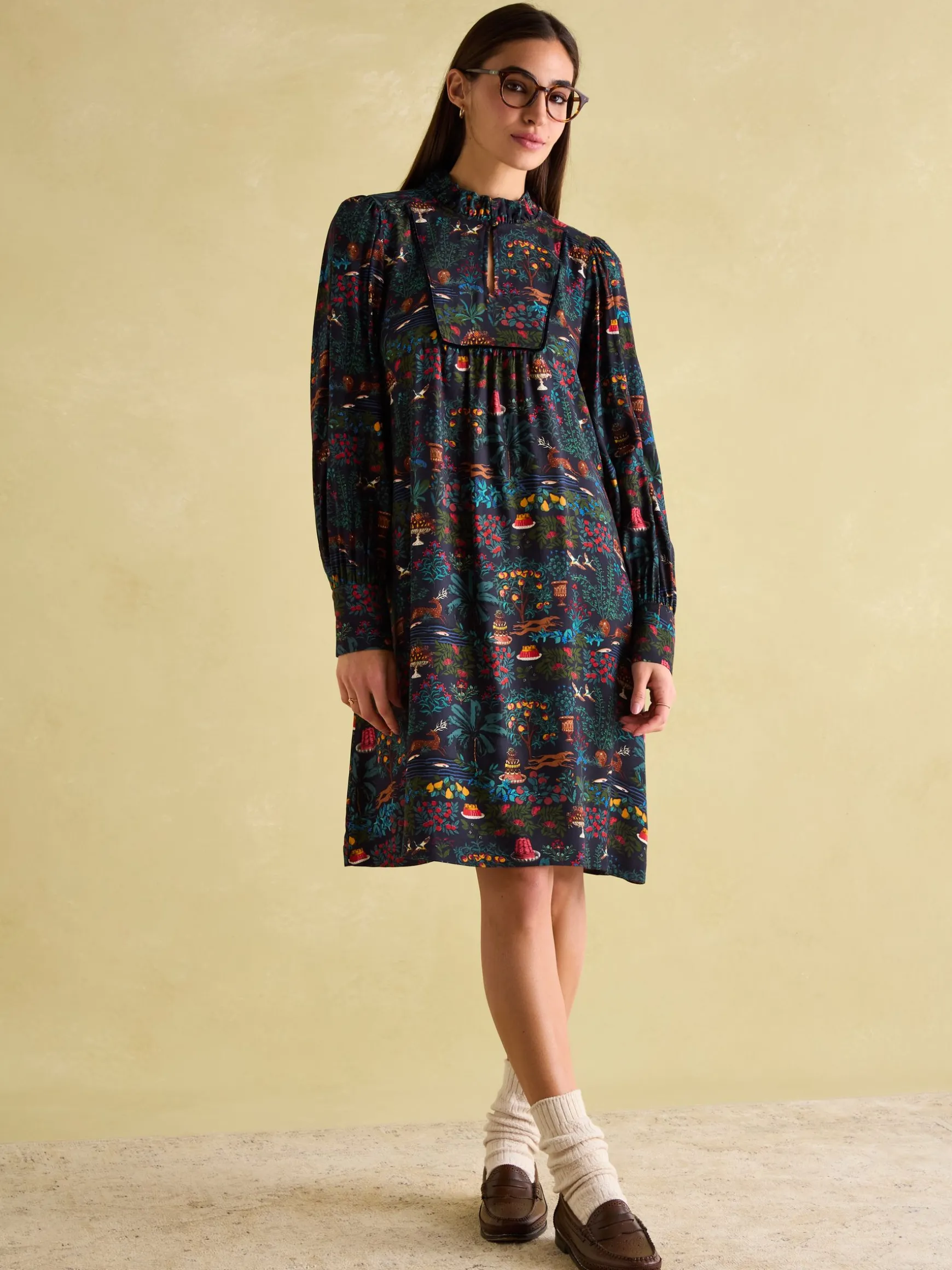 Rosette Black Printed Dress with Pie Crust Neck