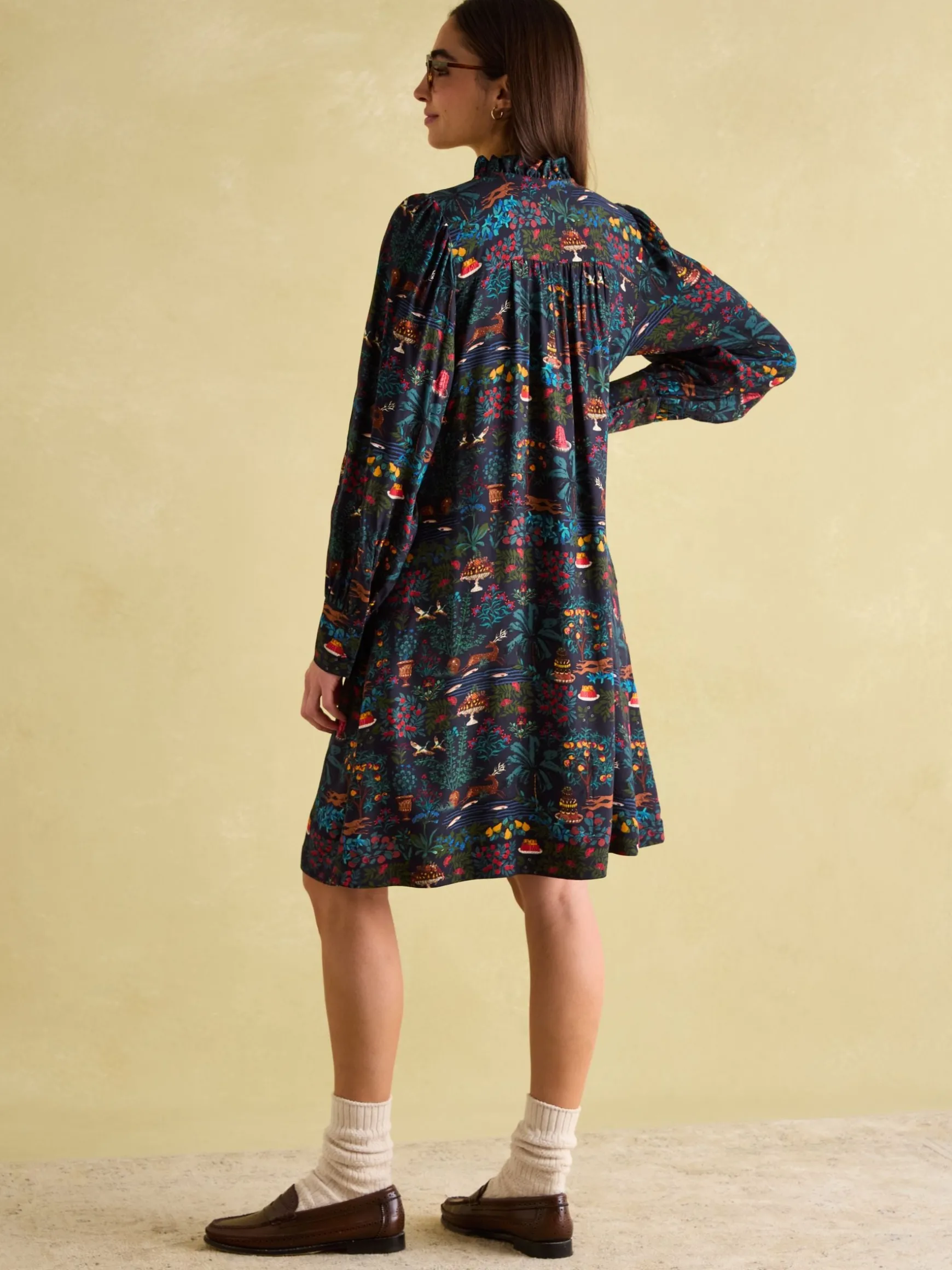 Rosette Black Printed Dress with Pie Crust Neck