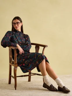 Rosette Black Printed Dress with Pie Crust Neck