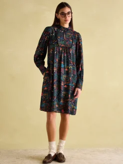 Rosette Black Printed Dress with Pie Crust Neck