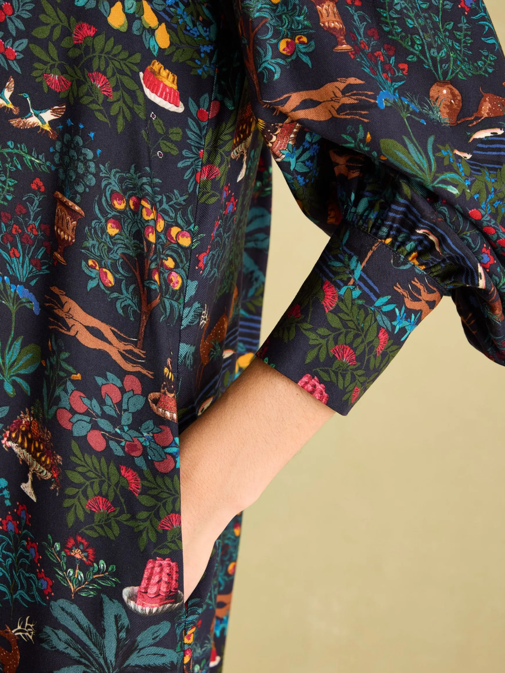 Rosette Black Printed Dress with Pie Crust Neck