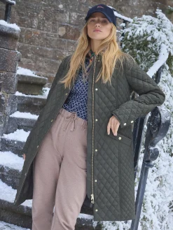 Rosewell Khaki Green Showerproof Longline Diamond Quilted Coat