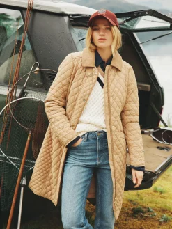 Rosewell Tan Brown Showerproof Longline Diamond Quilted Coat