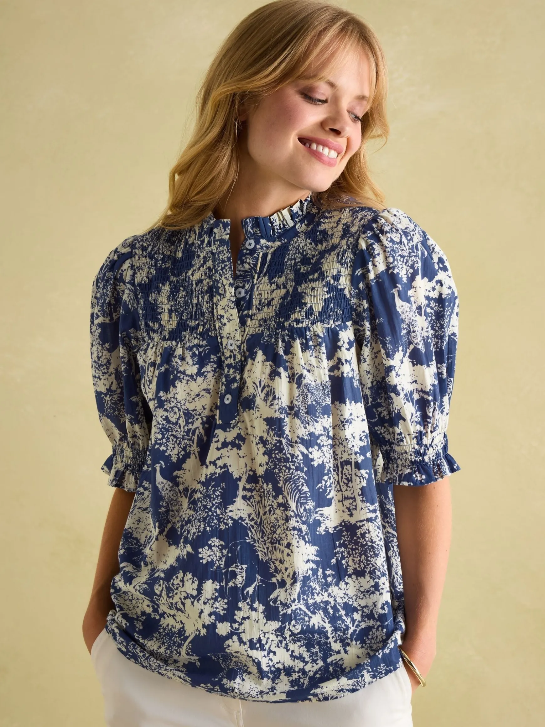 Silvia Blue Frill Neck Smocked Blouse