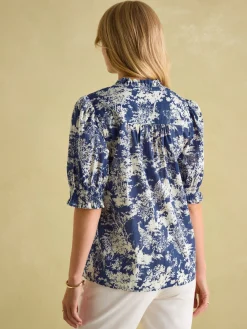 Silvia Blue Frill Neck Smocked Blouse