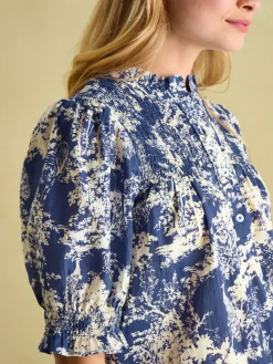 Silvia Blue Frill Neck Smocked Blouse