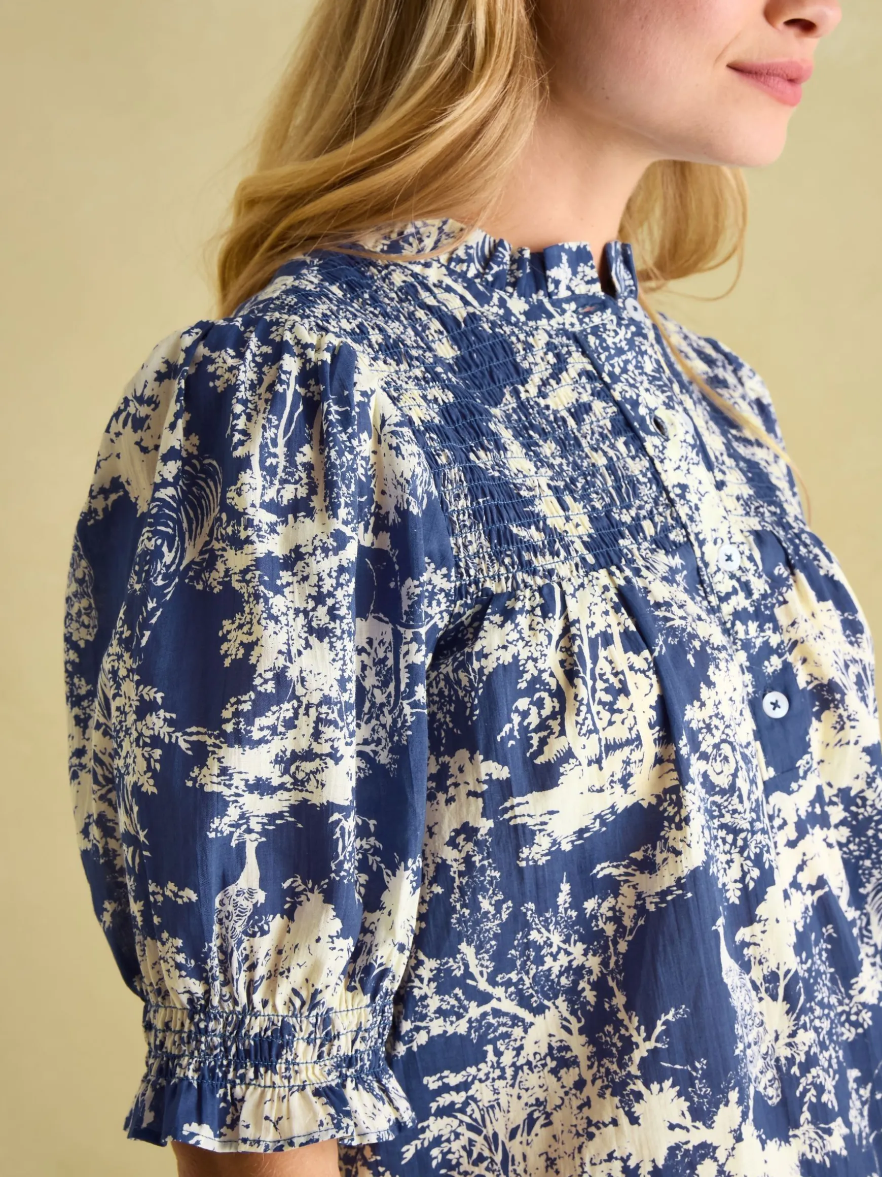 Silvia Blue Frill Neck Smocked Blouse