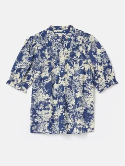 Silvia Blue Frill Neck Smocked Blouse