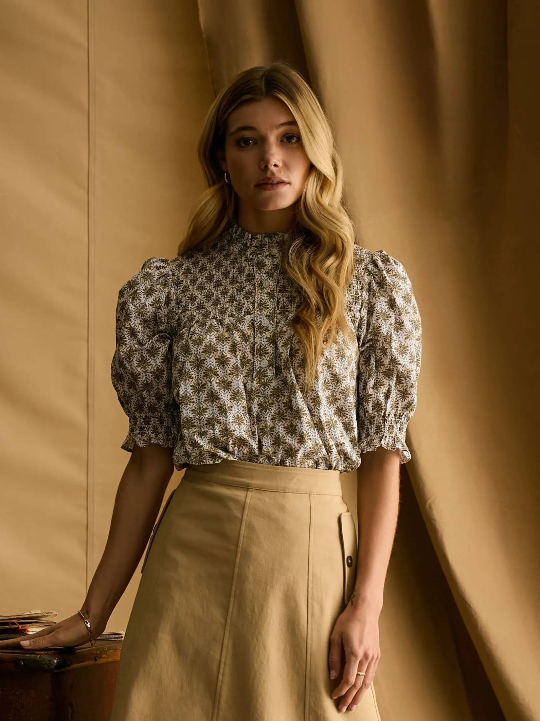 Silvia Green Frill Neck Smocked Blouse