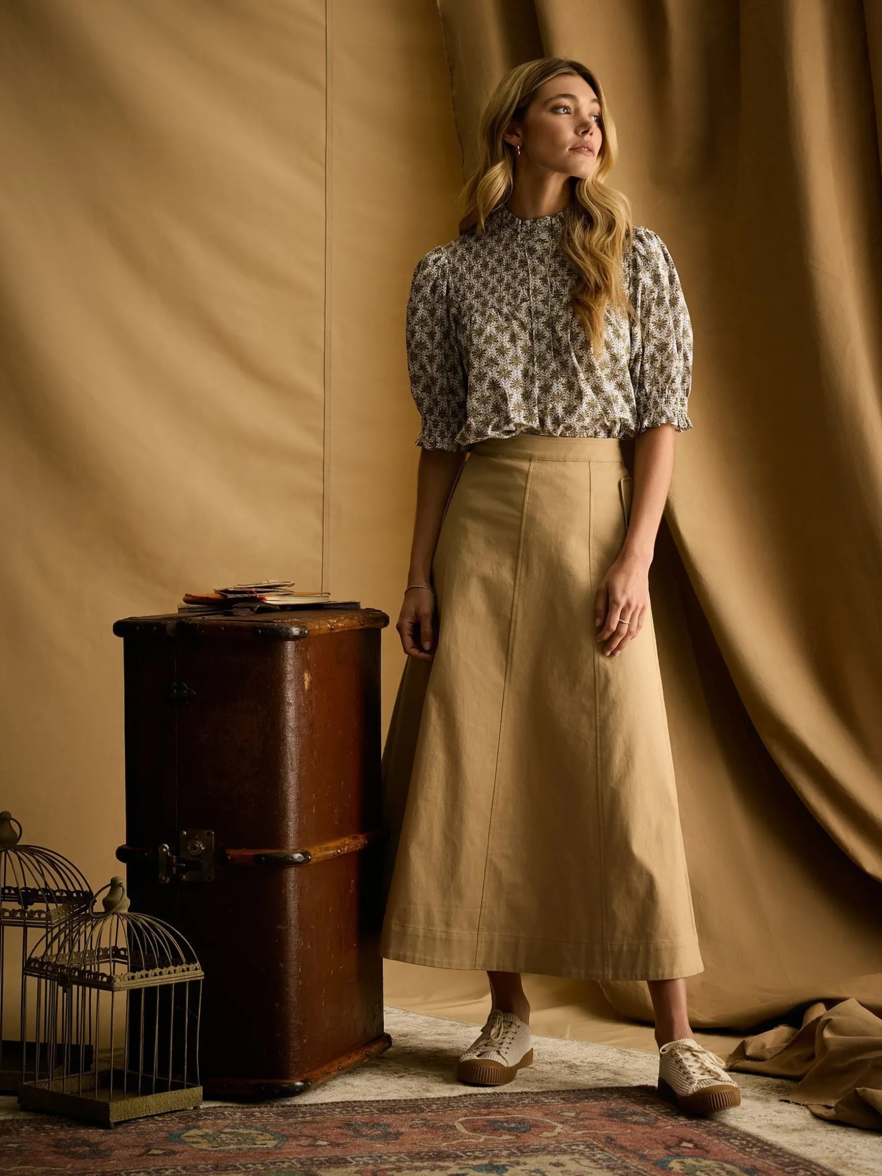 Silvia Green Frill Neck Smocked Blouse