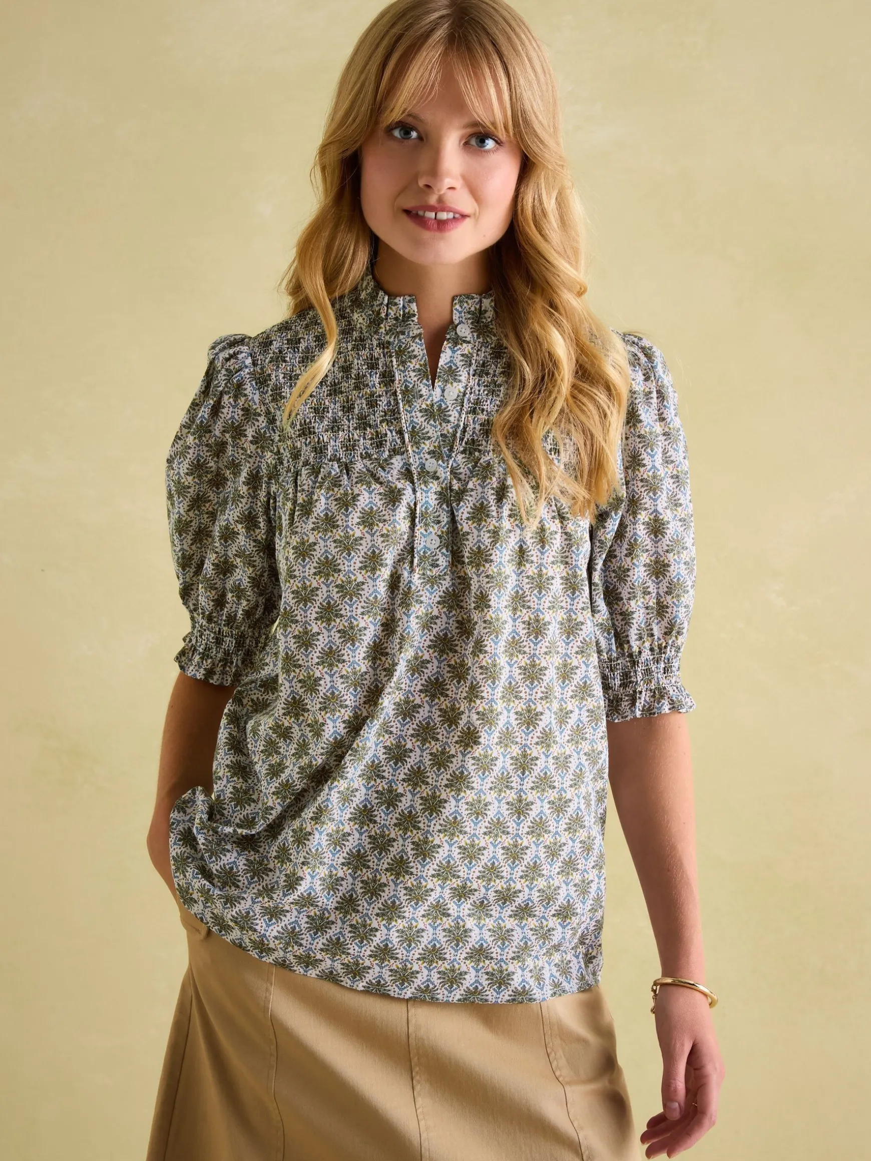 Silvia Green Frill Neck Smocked Blouse