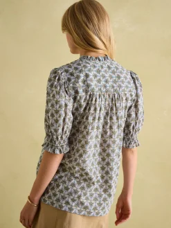 Silvia Green Frill Neck Smocked Blouse