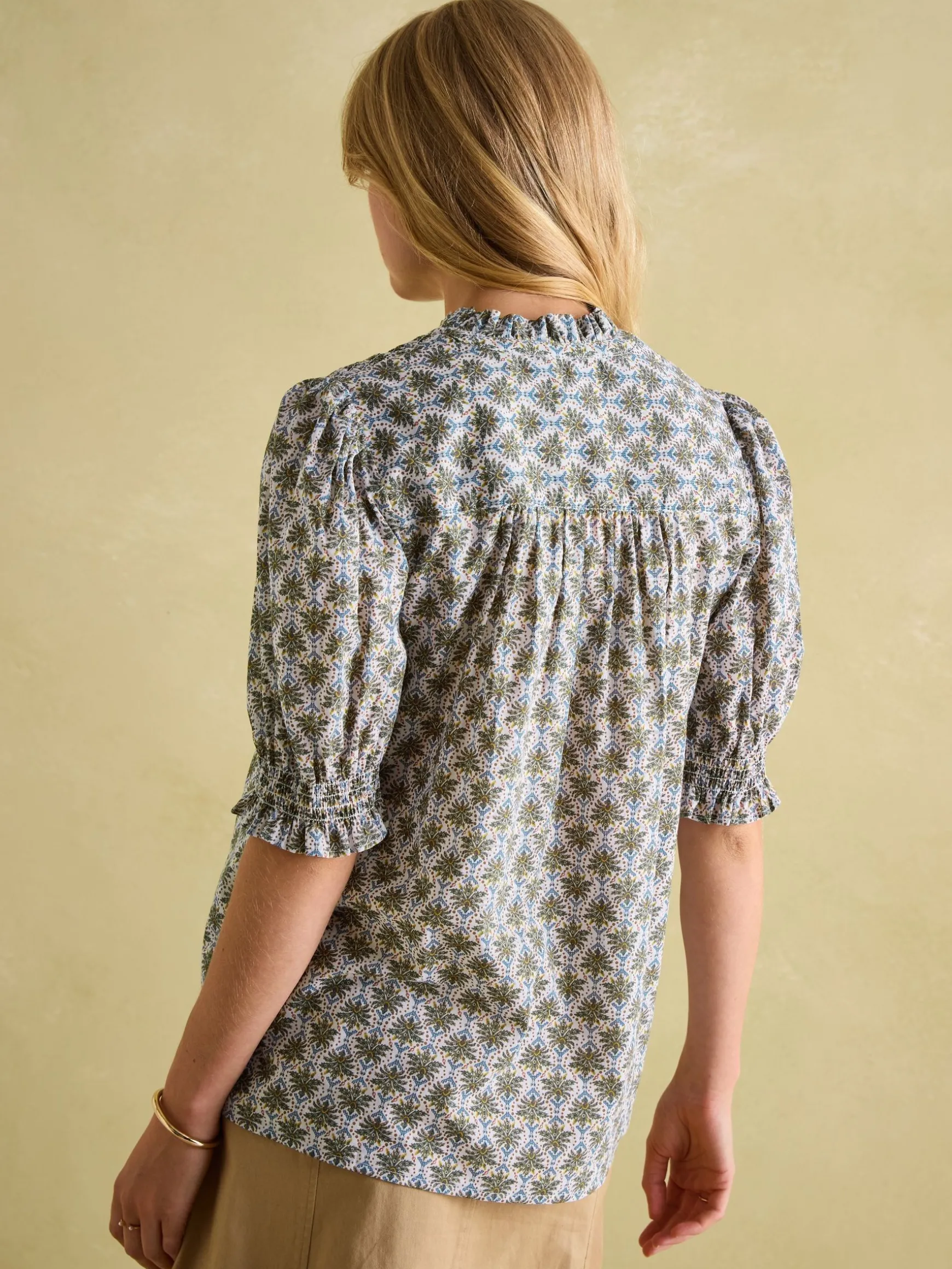 Silvia Green Frill Neck Smocked Blouse