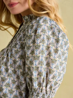 Silvia Green Frill Neck Smocked Blouse