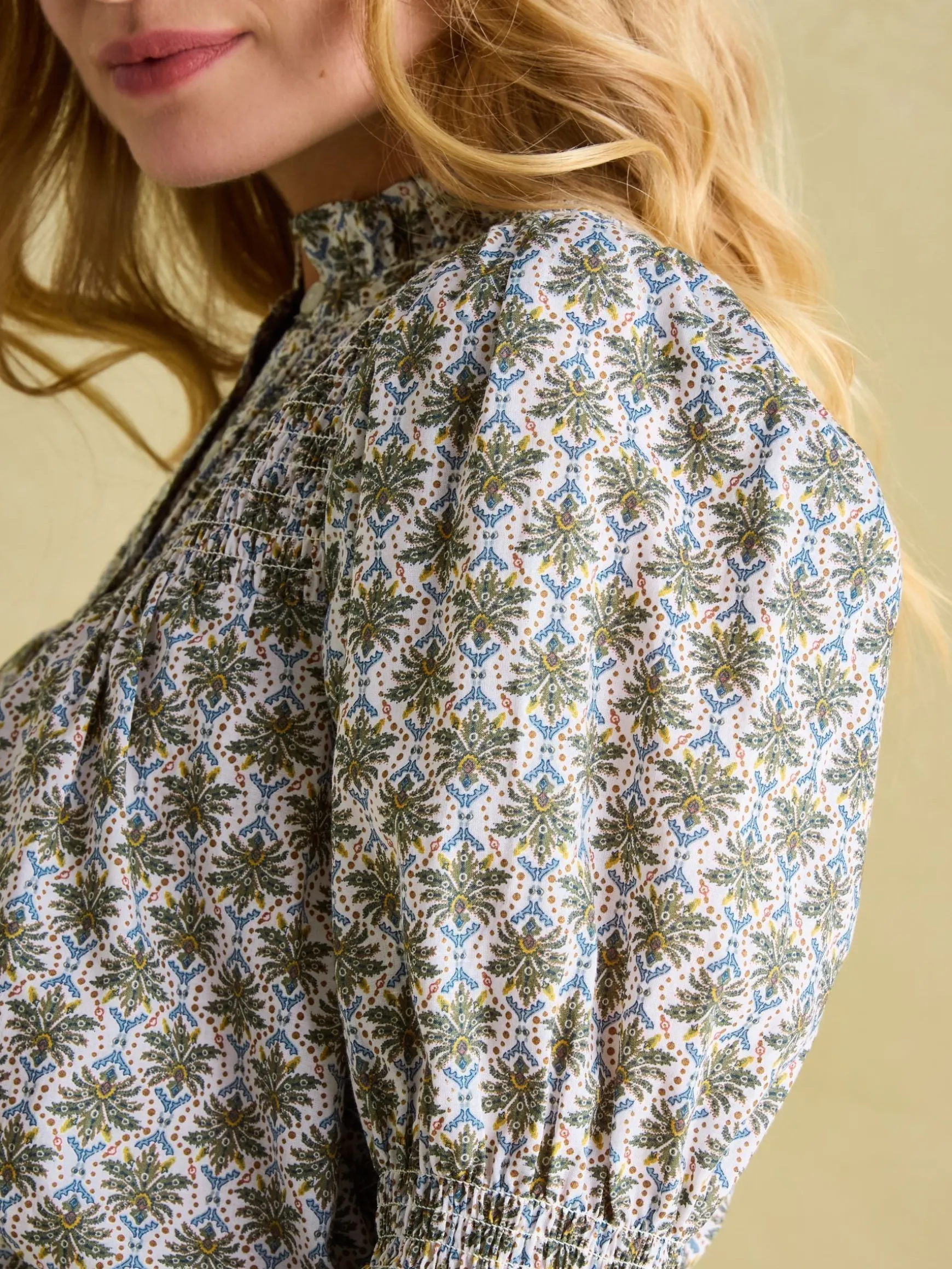 Silvia Green Frill Neck Smocked Blouse