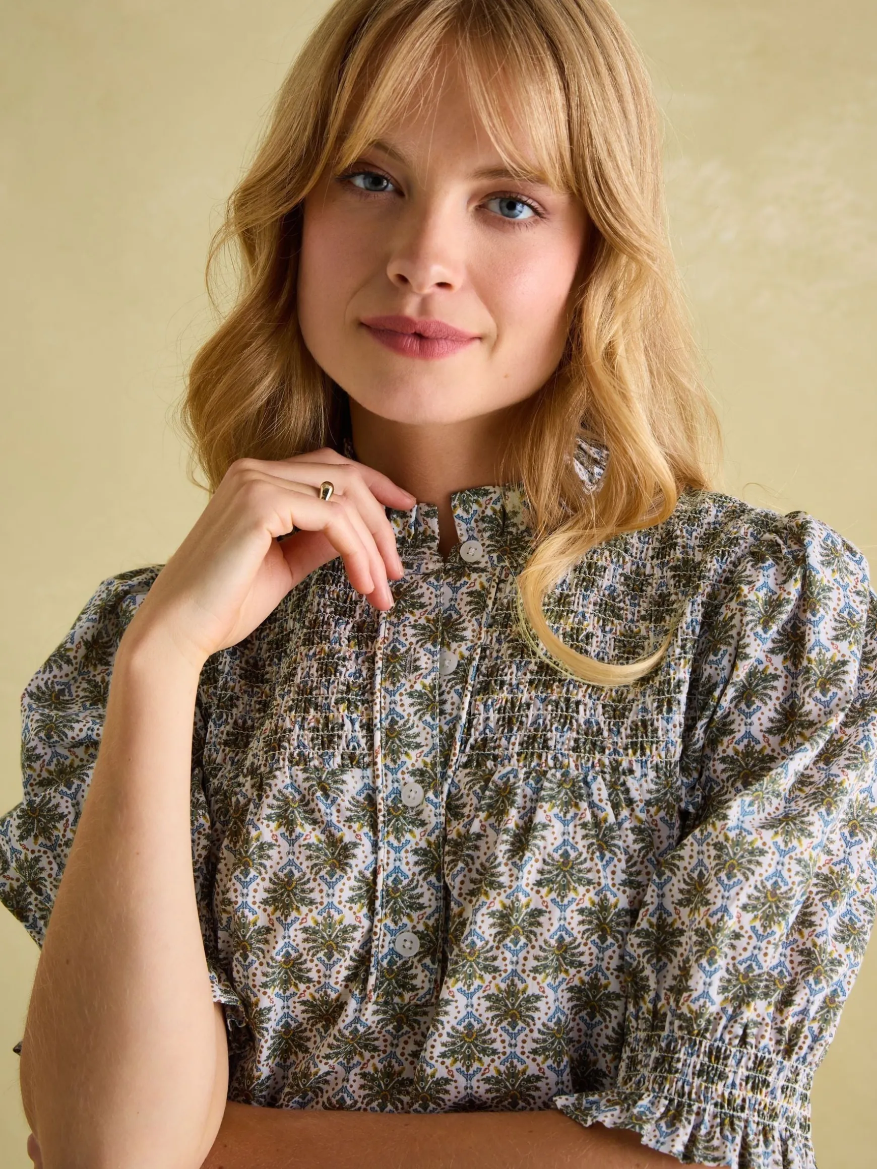 Silvia Green Frill Neck Smocked Blouse