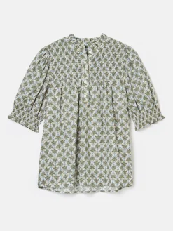 Silvia Green Frill Neck Smocked Blouse