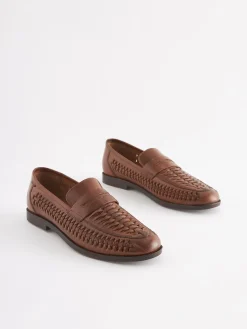 Tan Brown Leather Weave Loafers