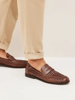 Tan Brown Leather Weave Loafers