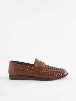 Tan Brown Leather Weave Loafers