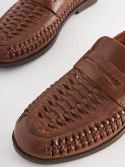 Tan Brown Leather Weave Loafers