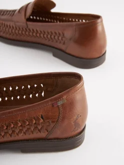 Tan Brown Leather Weave Loafers