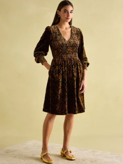 Vanessa Floral Velvet Shirred Dress