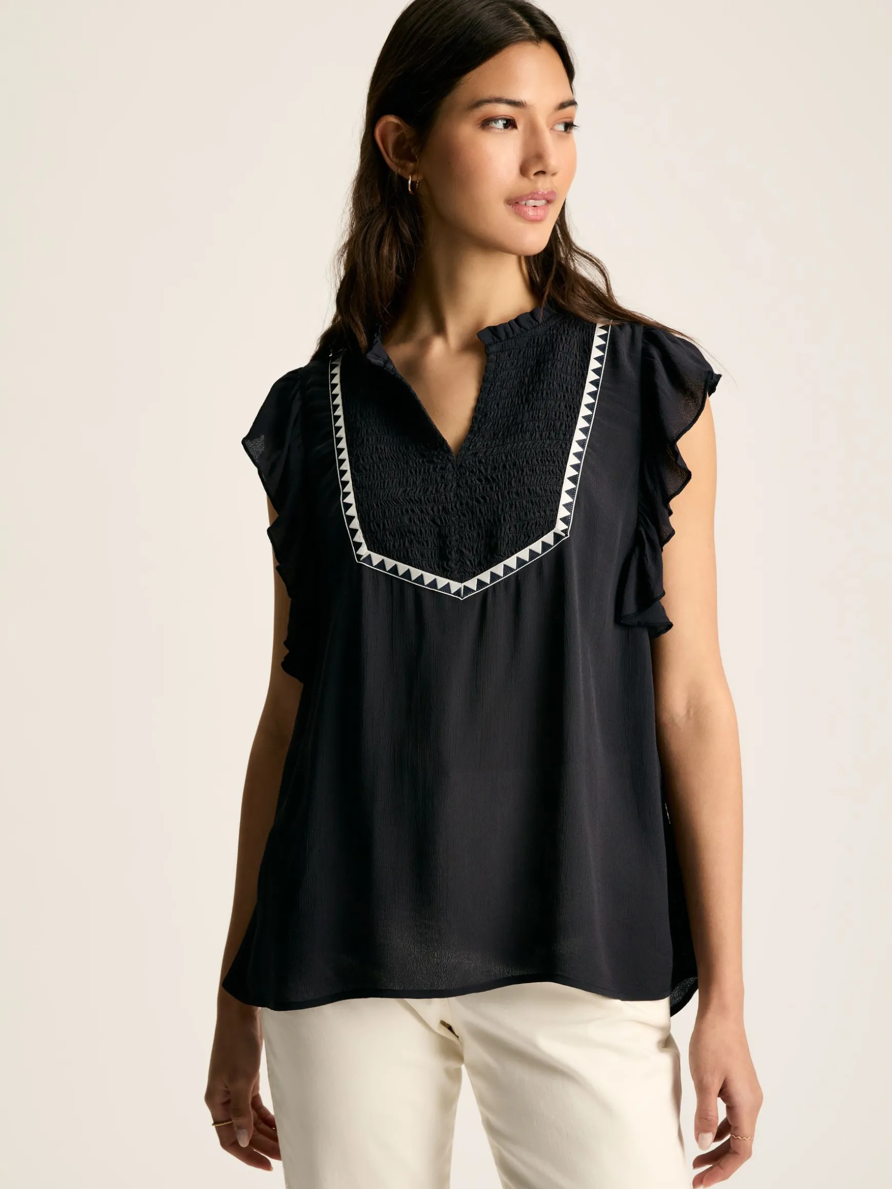 Verity Navy Frill Shoulder Sleeveless Blouse