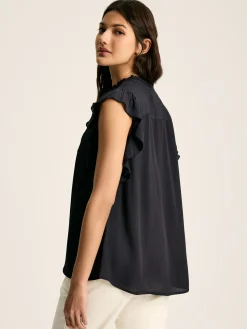 Verity Navy Frill Shoulder Sleeveless Blouse