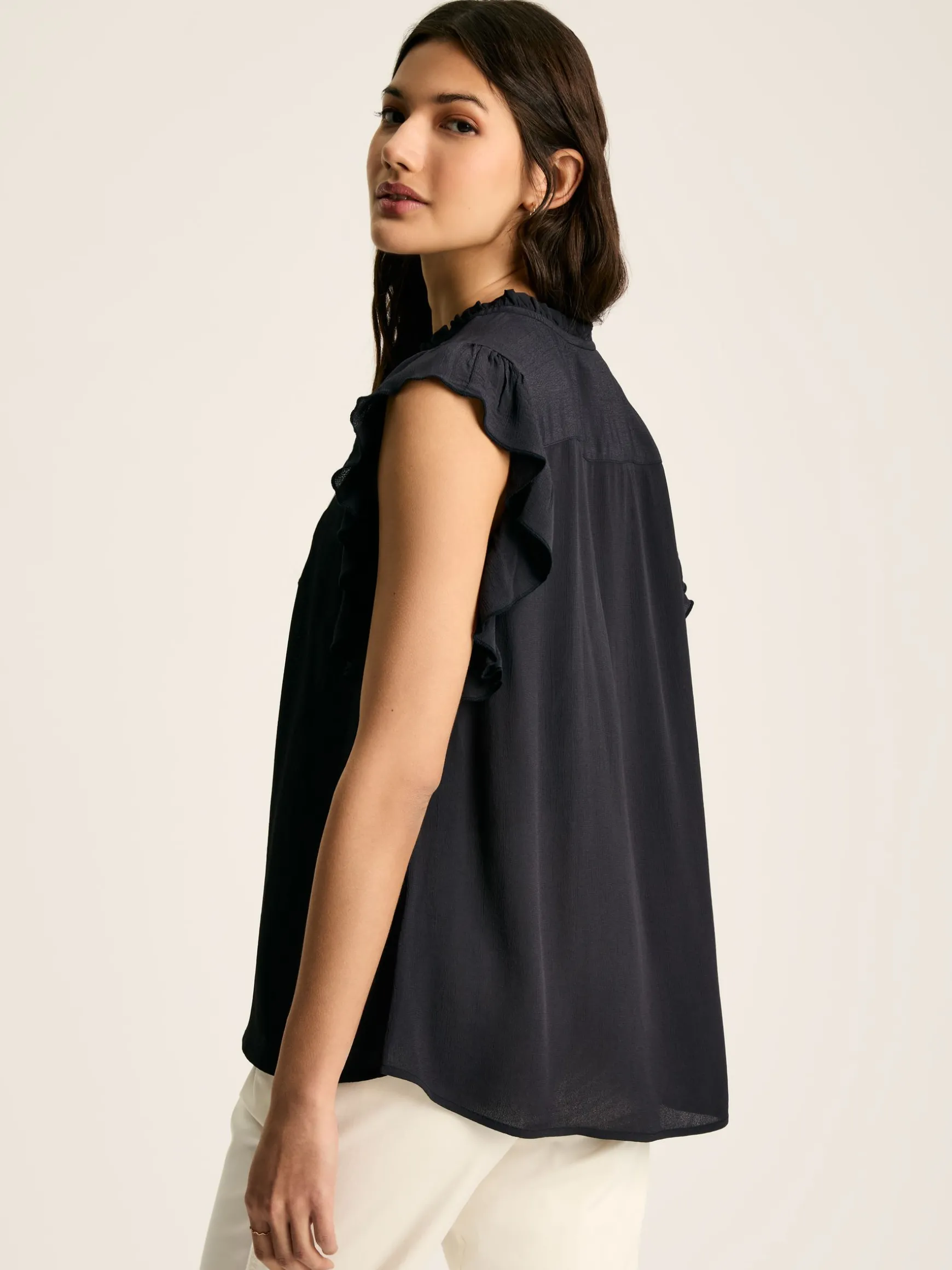 Verity Navy Frill Shoulder Sleeveless Blouse